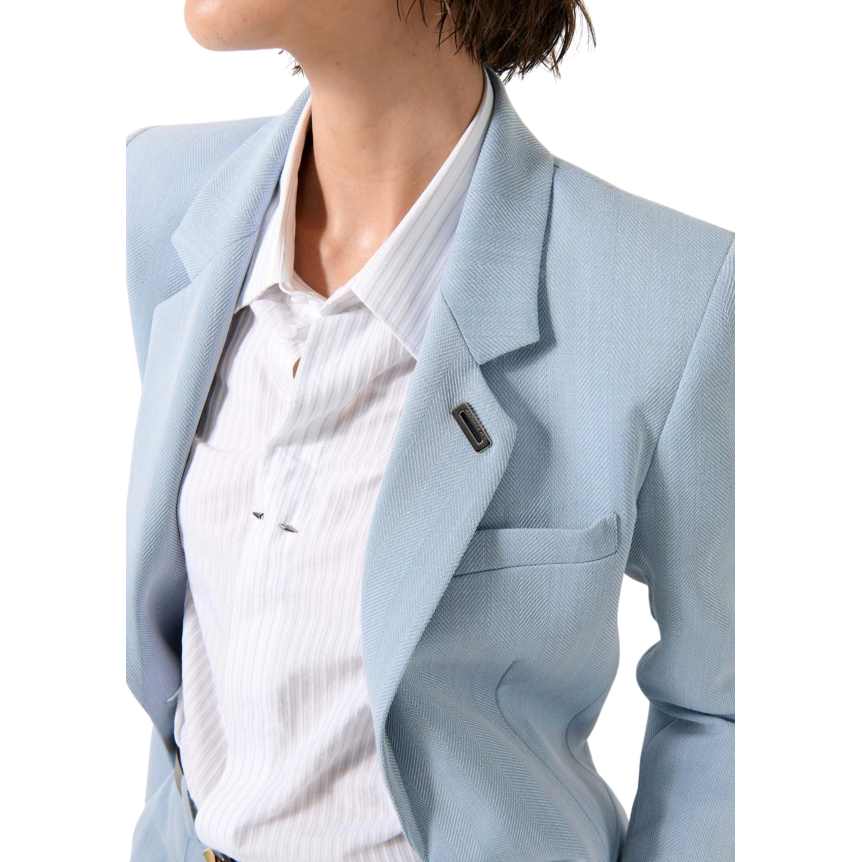 Veste cintrée droite laine mélangée chevron crêpe bleu ciel