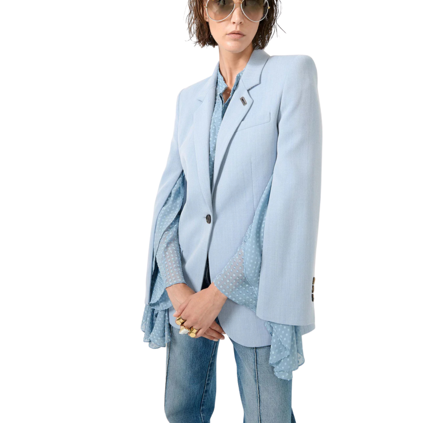 Veste cintrée droite laine mélangée chevron crêpe bleu ciel