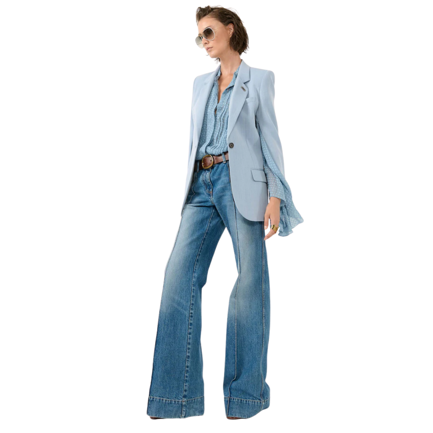 Veste cintrée droite laine mélangée chevron crêpe bleu ciel