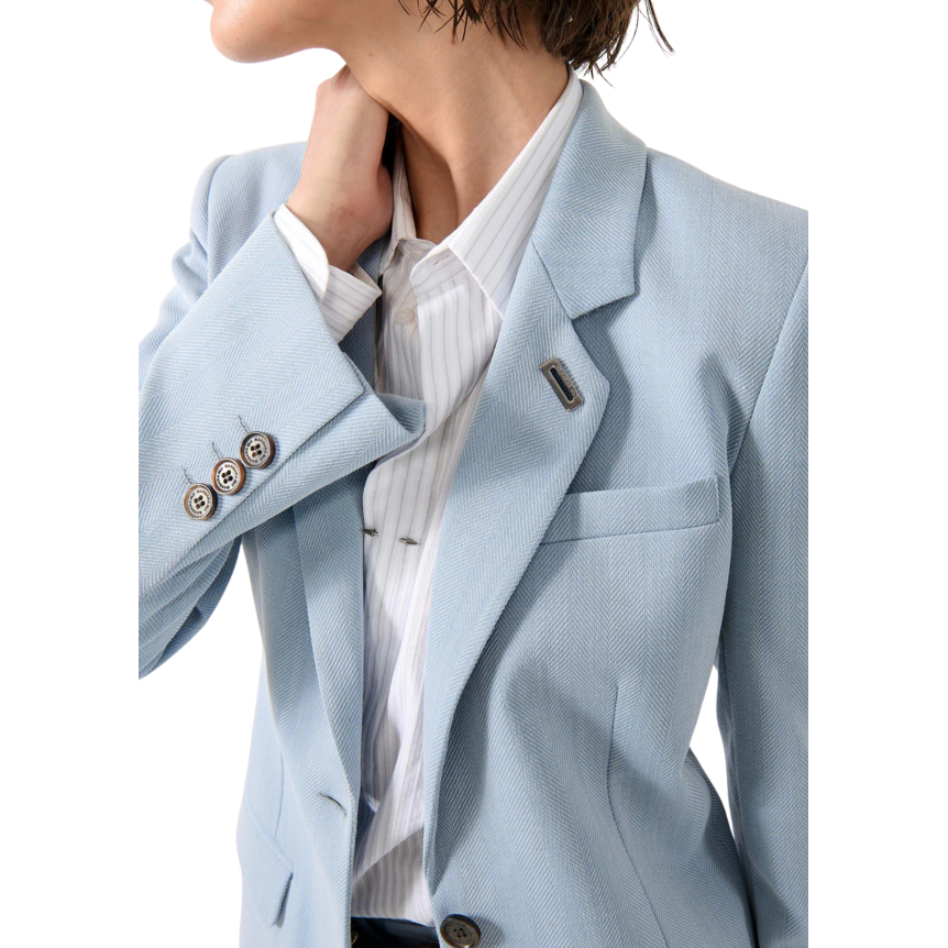 Veste cintrée droite laine mélangée chevron crêpe bleu ciel