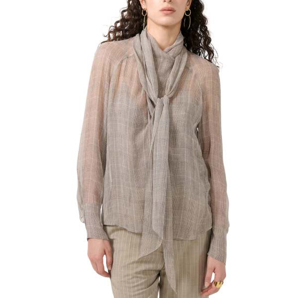 Blouse en georgette de soie BARBARA BUI Prince de Galles beige sable col lavallière