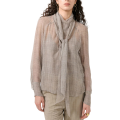 Blouse en georgette de soie Prince de Galles beige sable col lavallière