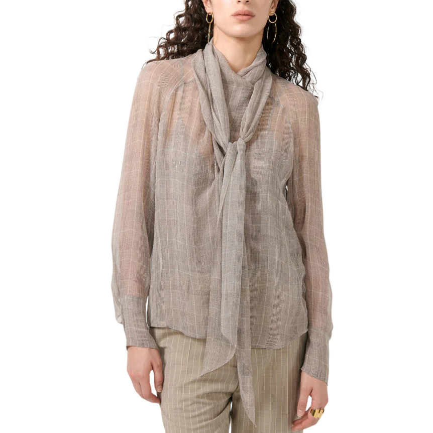 Blouse en georgette de soie BARBARA BUI Prince de Galles beige sable col lavallière