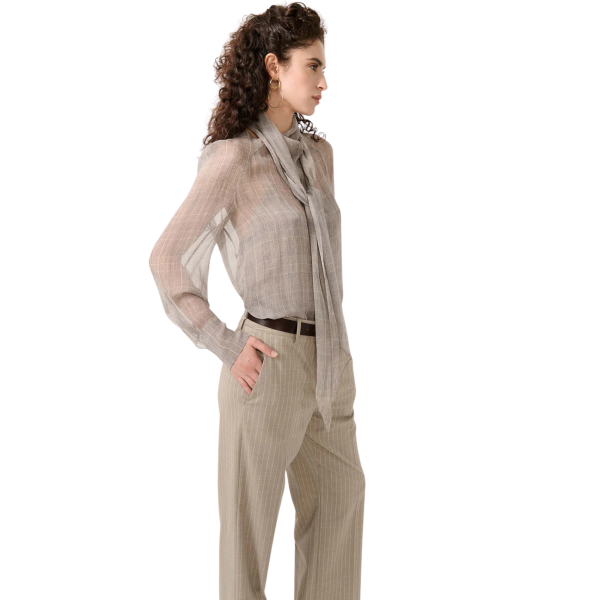 Blouse en georgette de soie BARBARA BUI Prince de Galles beige sable col lavallière