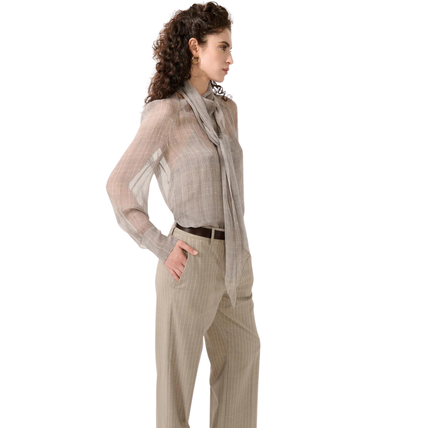 Blouse en georgette de soie BARBARA BUI Prince de Galles beige sable col lavallière