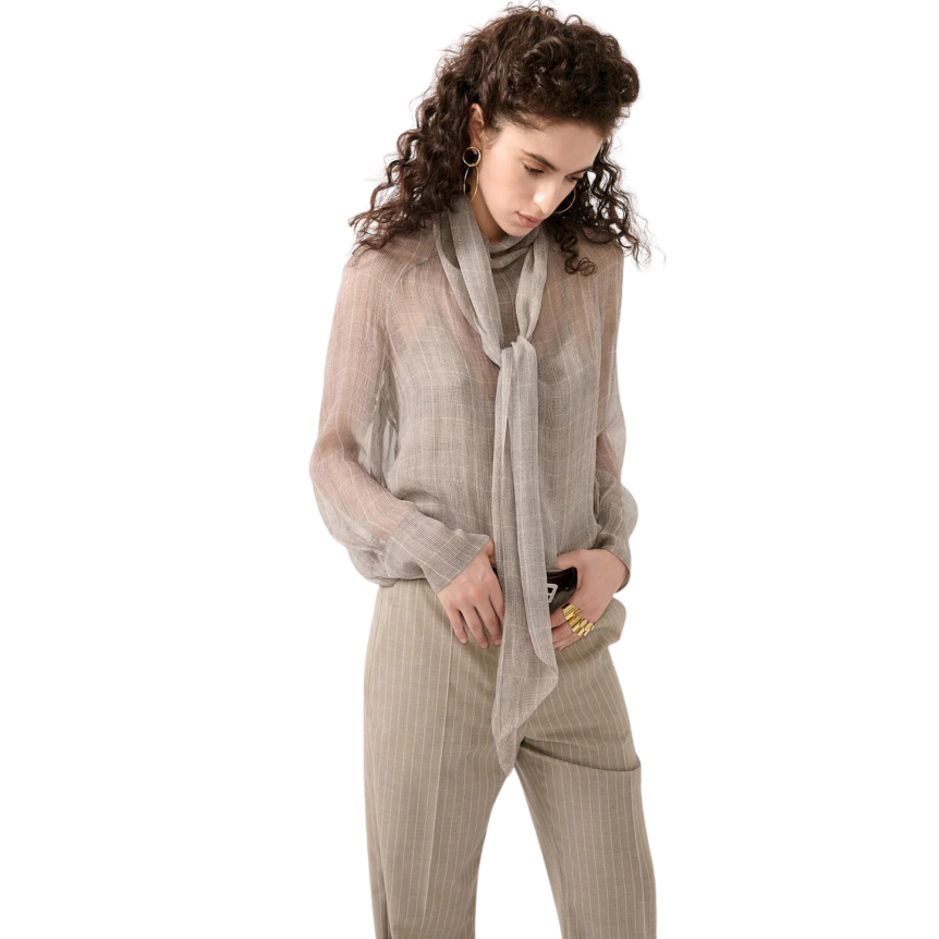 Blouse en georgette de soie BARBARA BUI Prince de Galles beige sable col lavallière