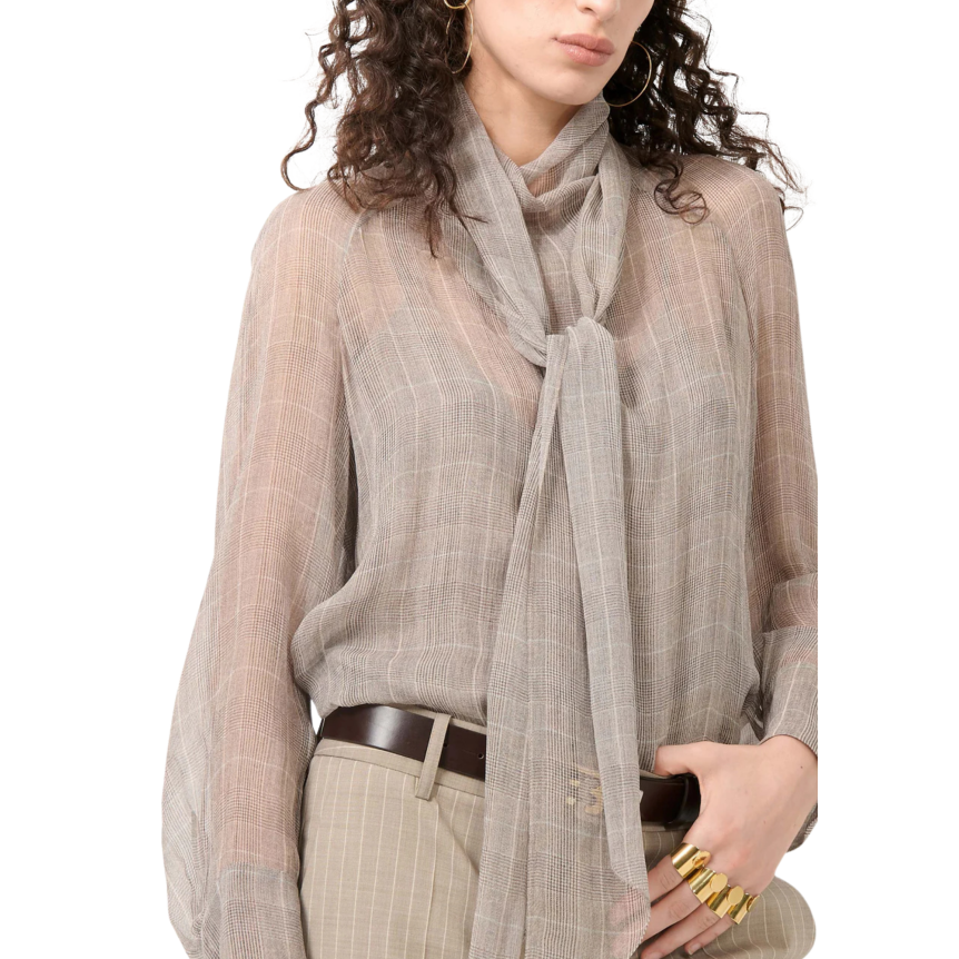 Blouse en georgette de soie BARBARA BUI Prince de Galles beige sable col lavallière