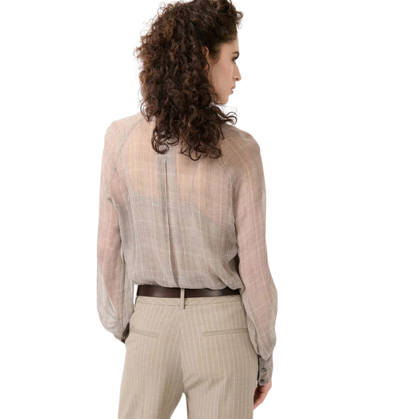 Blouse en georgette de soie BARBARA BUI Prince de Galles beige sable col lavallière