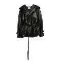 veste à capuche cuir mouton noir ceinture