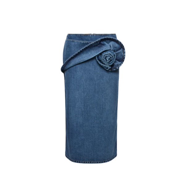 Jupe midi MAGDA BUTRYM en denim bleu foncé ornée de roses