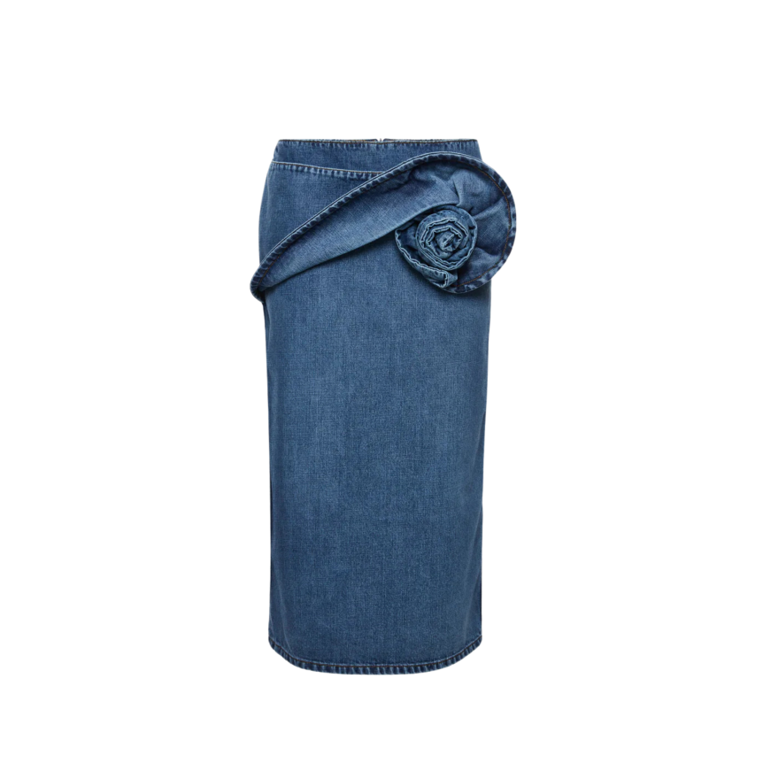 Jupe midi MAGDA BUTRYM en denim bleu foncé ornée de roses