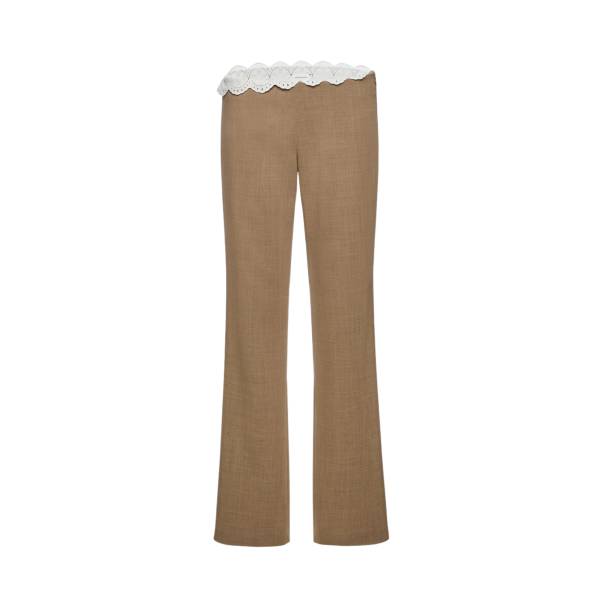 Pantalon en laine beige MAGDA BUTRYM taille basse avec ceinture en dentelle blanche