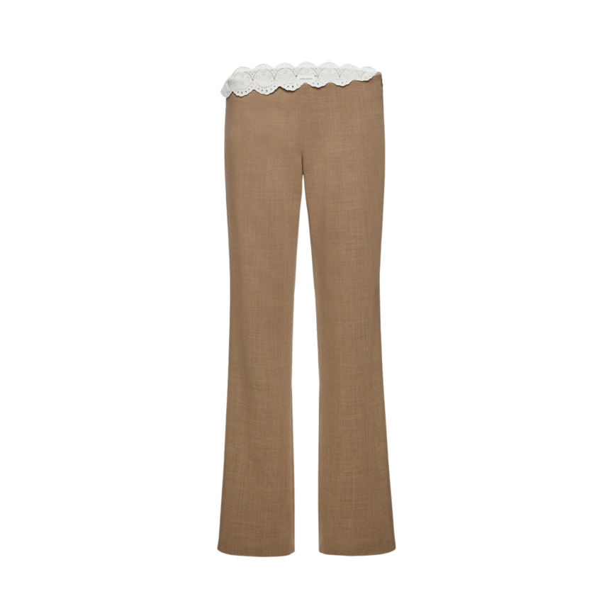 Pantalon en laine beige MAGDA BUTRYM taille basse avec ceinture en dentelle blanche