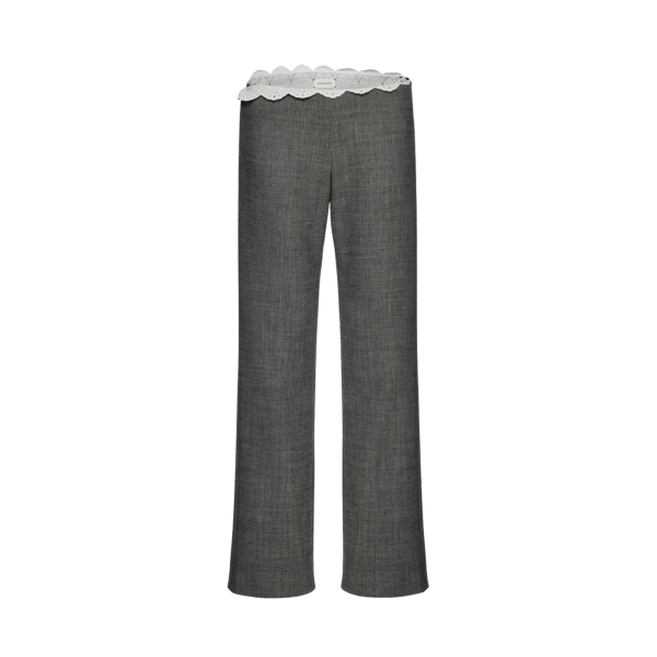 Pantalon en laine grise MAGDA BUTRYM taille basse avec ceinture en dentelle blanche