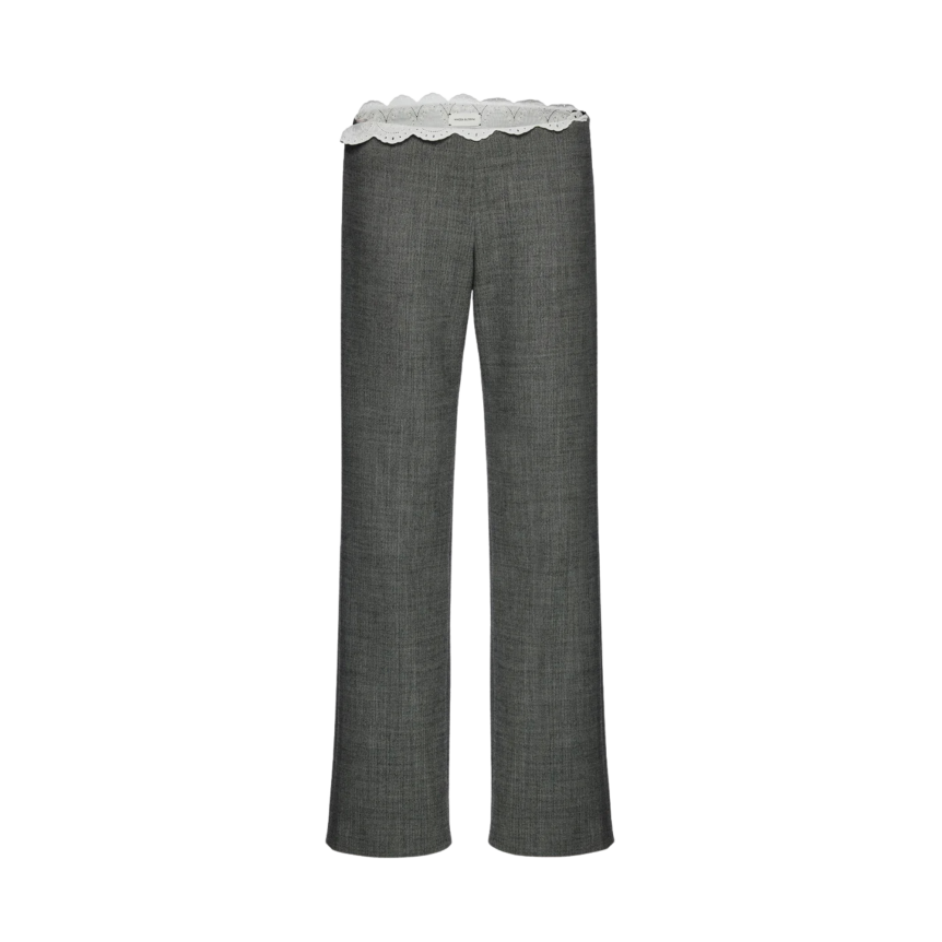 Pantalon en laine grise MAGDA BUTRYM taille basse avec ceinture en dentelle blanche