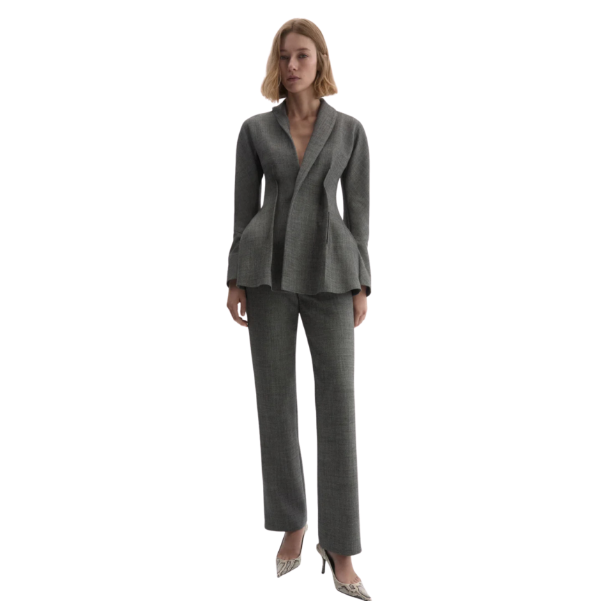 Pantalon en laine grise MAGDA BUTRYM taille basse avec ceinture en dentelle blanche