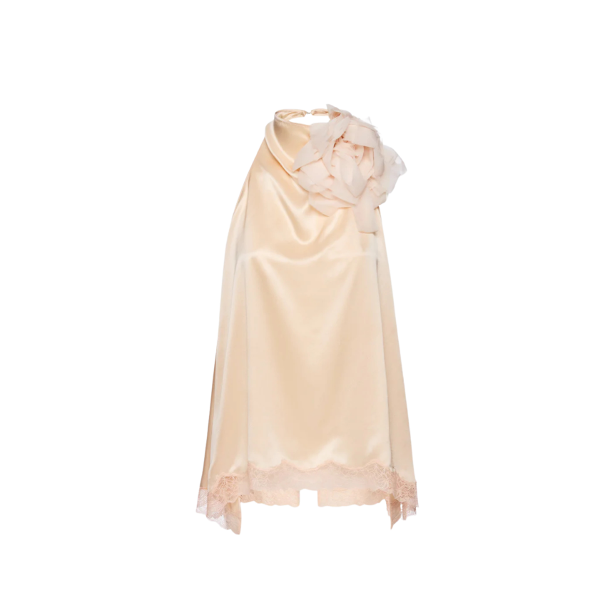 Chemisier en soie pèche MAGDA BUTRYM dos nu bordure dentelle fleur amovible