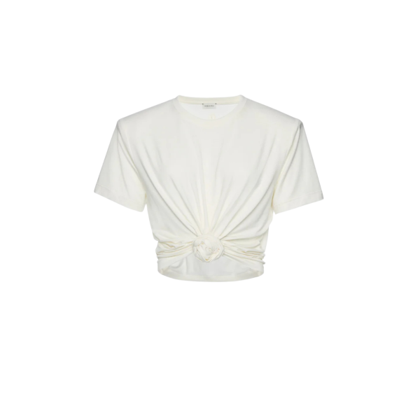 T-shirt épaulé MAGDA BUTRYM col rond court coton crème nœud fleurs