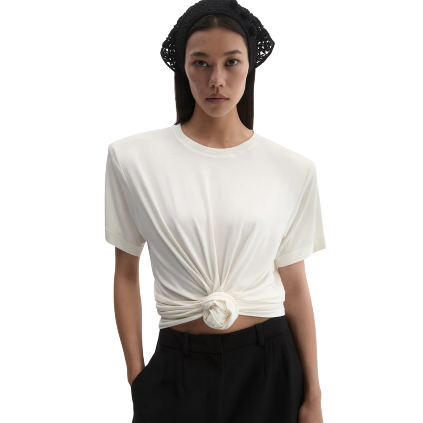 T-shirt épaulé MAGDA BUTRYM col rond court coton crème nœud fleurs