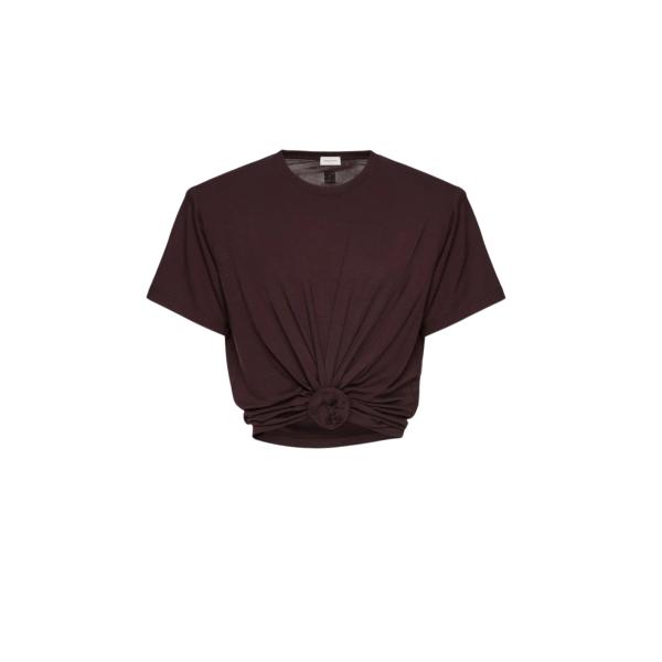 T-shirt épaulé MAGDA BUTRYM col rond court coton marron nœud fleurs