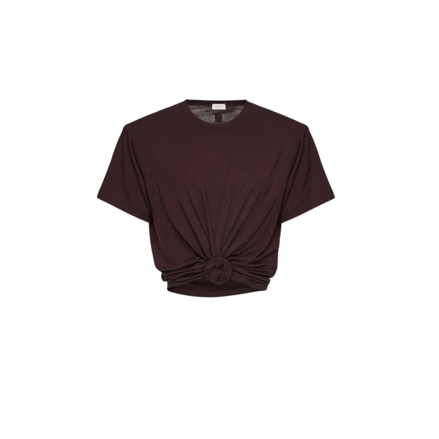 T-shirt épaulé MAGDA BUTRYM col rond court coton marron nœud fleurs