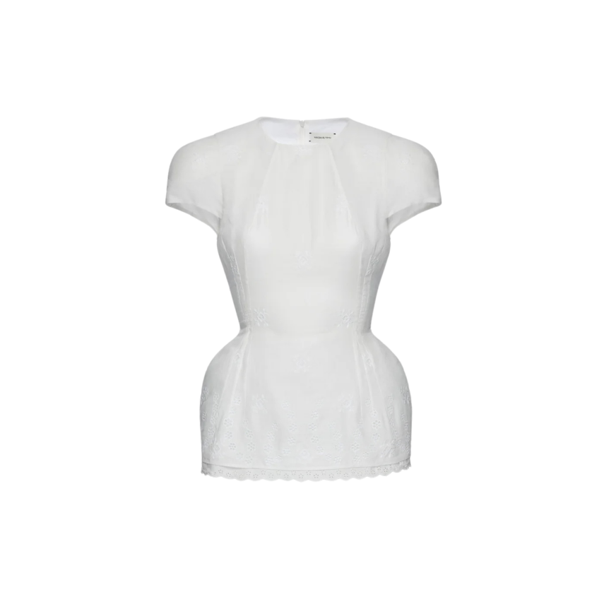 Haut Top épaulé MAGDA BUTRYM manche courte coton lin blanc broderie dentelle