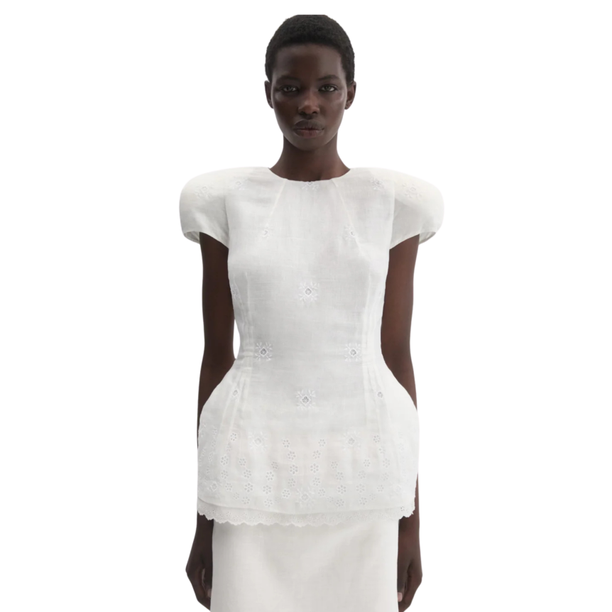 Haut Top épaulé MAGDA BUTRYM manche courte coton lin blanc broderie dentelle