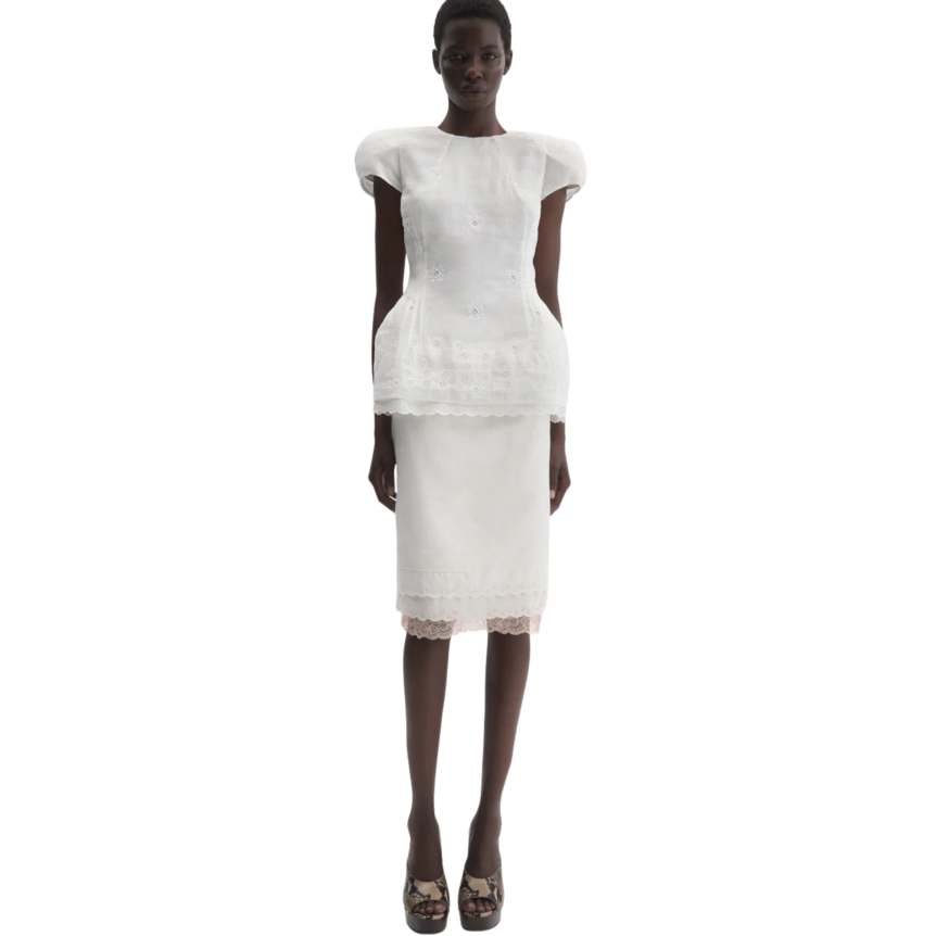 Haut Top épaulé MAGDA BUTRYM manche courte coton lin blanc broderie dentelle