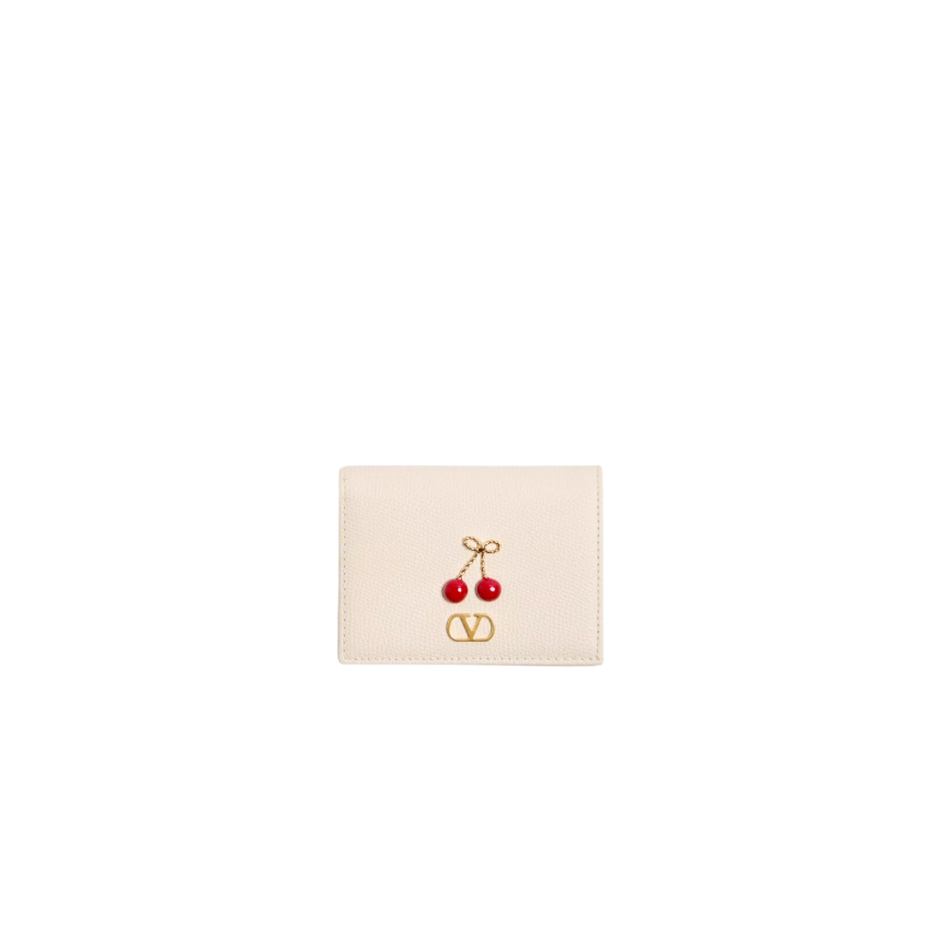 Portefeuille VALENTINO Cherryfic en veau granuleux écru métal émail doré cerises rouge