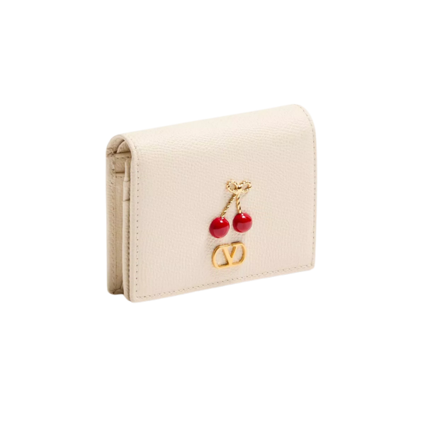 Portefeuille VALENTINO Cherryfic en veau granuleux écru métal émail doré cerises rouge
