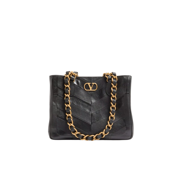 Valentino Garavani Sac petit cabas Laseine carré en cuir Nappa noir à motif chevrons chaine dorée