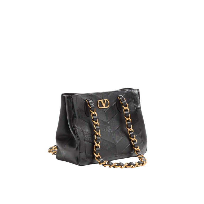 Valentino Garavani Sac petit cabas Laseine carré en cuir Nappa noir à motif chevrons chaine dorée