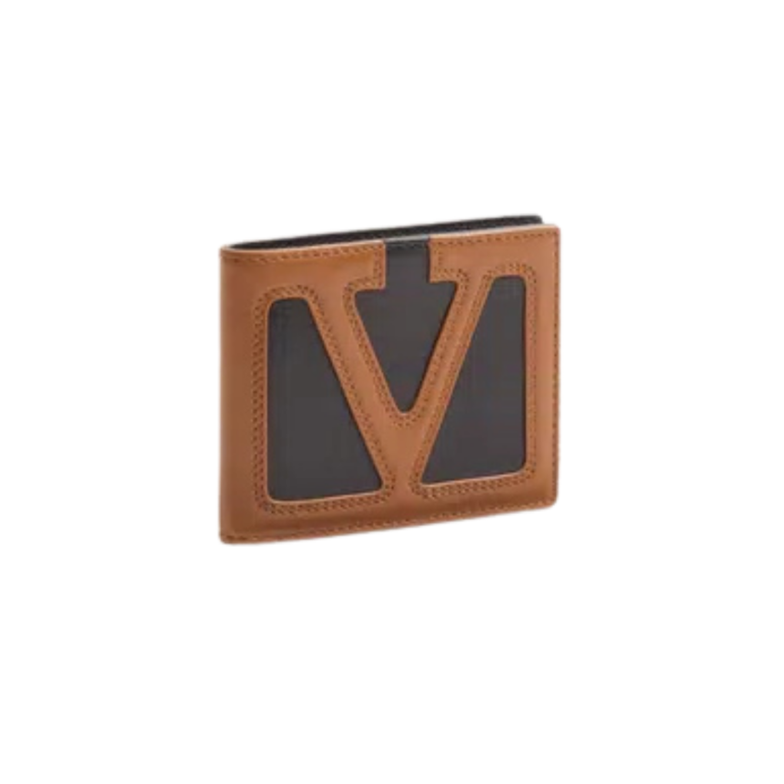 Portefeuille VALENTINO Viva Superstar cuir noir V logo camel