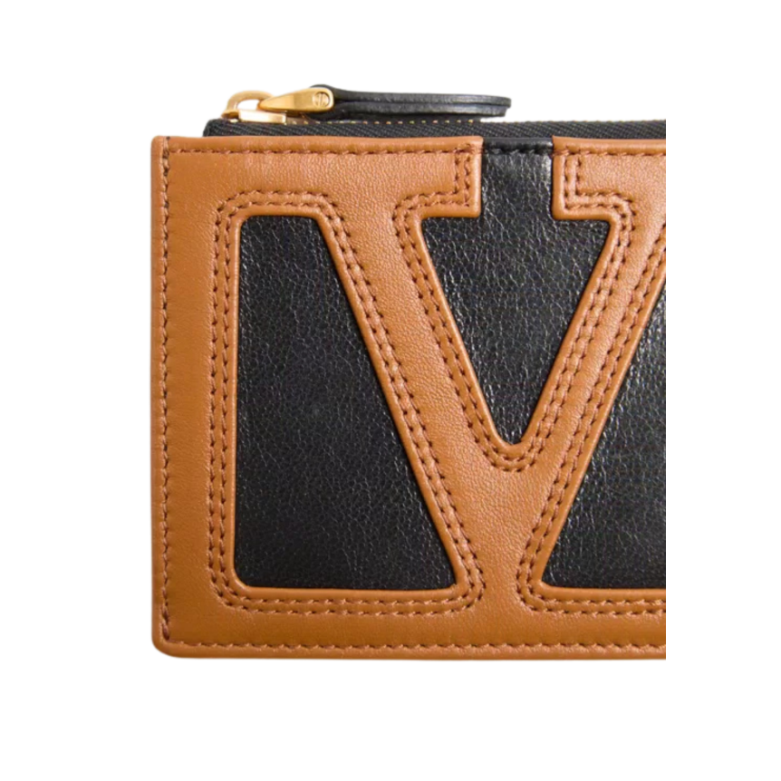 Portemonnaie zippé VALENTINO Viva Superstar cuir noir V logo camel
