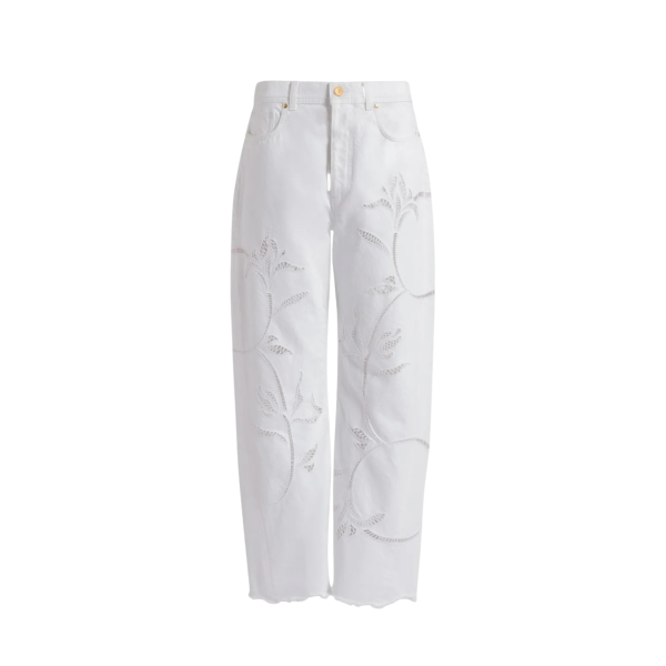 pantalon jean ALBERTA FERRETTI denim coton blanc broderie fleurs perfore