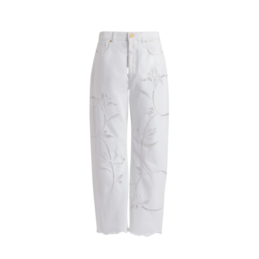 pantalon jean ALBERTA FERRETTI denim coton blanc broderie fleurs perfore