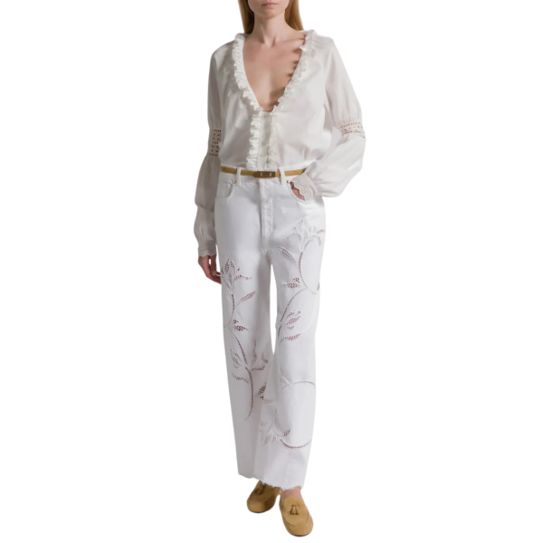pantalon jean ALBERTA FERRETTI denim coton blanc broderie fleurs perfore