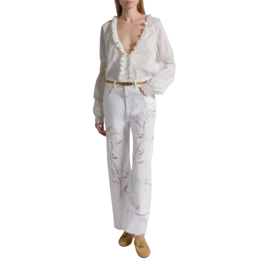 pantalon jean ALBERTA FERRETTI denim coton blanc broderie fleurs perfore