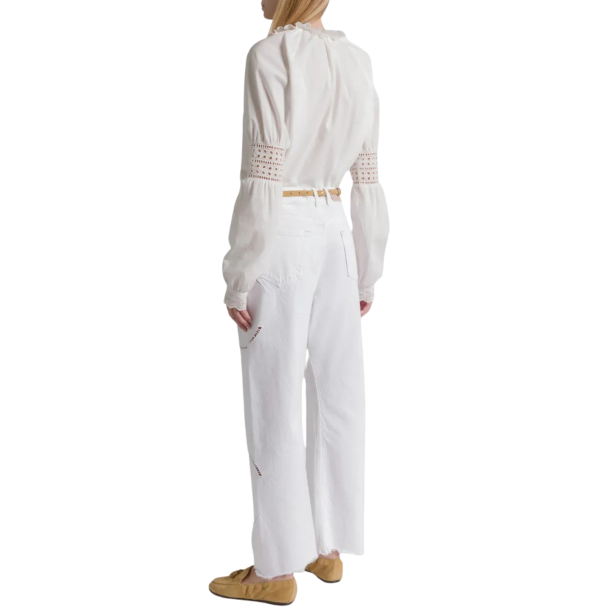 pantalon jean ALBERTA FERRETTI denim coton blanc broderie fleurs perfore