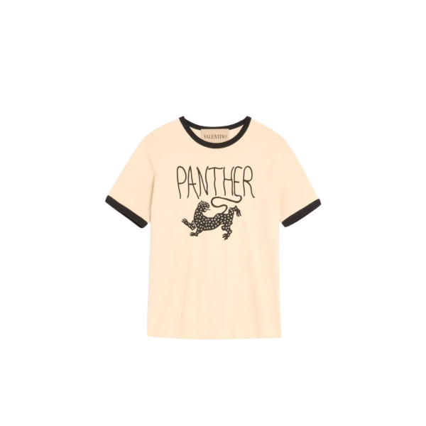 T shirt manche courte VALENTINO col rond coton écru panthère noire