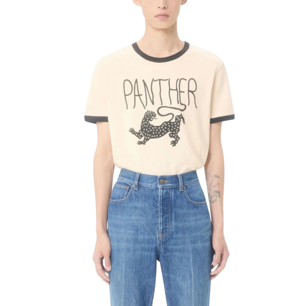 T shirt manche courte VALENTINO col rond coton écru panthère noire