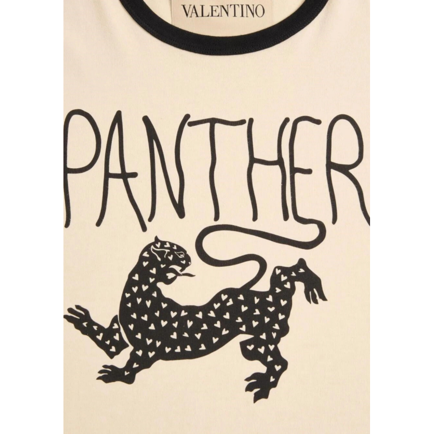 T shirt manche courte VALENTINO col rond coton écru panthère noire