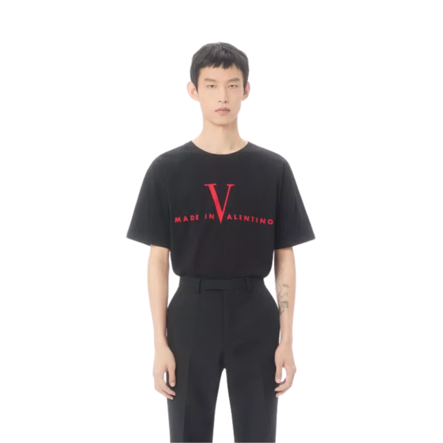 T-shirt VALENTINO manche courte col rond coton noir Made in Valentino rouge