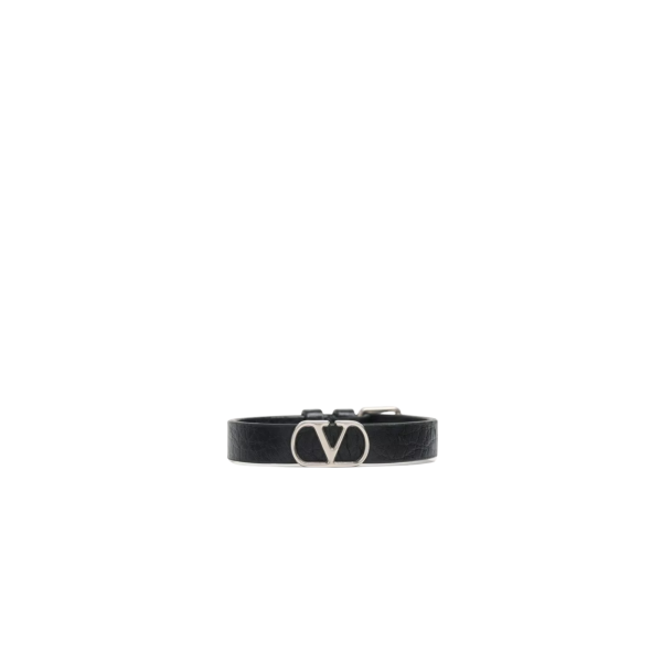 Bracelet VALENTINO en cuir de veau grainé noir V Logo Signature argent