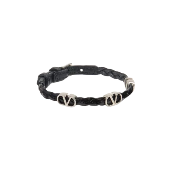 Bracelet en cuir de veau tressé noir VALENTINO V logo Signature