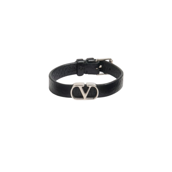 Bracelet VALENTINO en cuir de veau grainé noir V Logo Signature argent