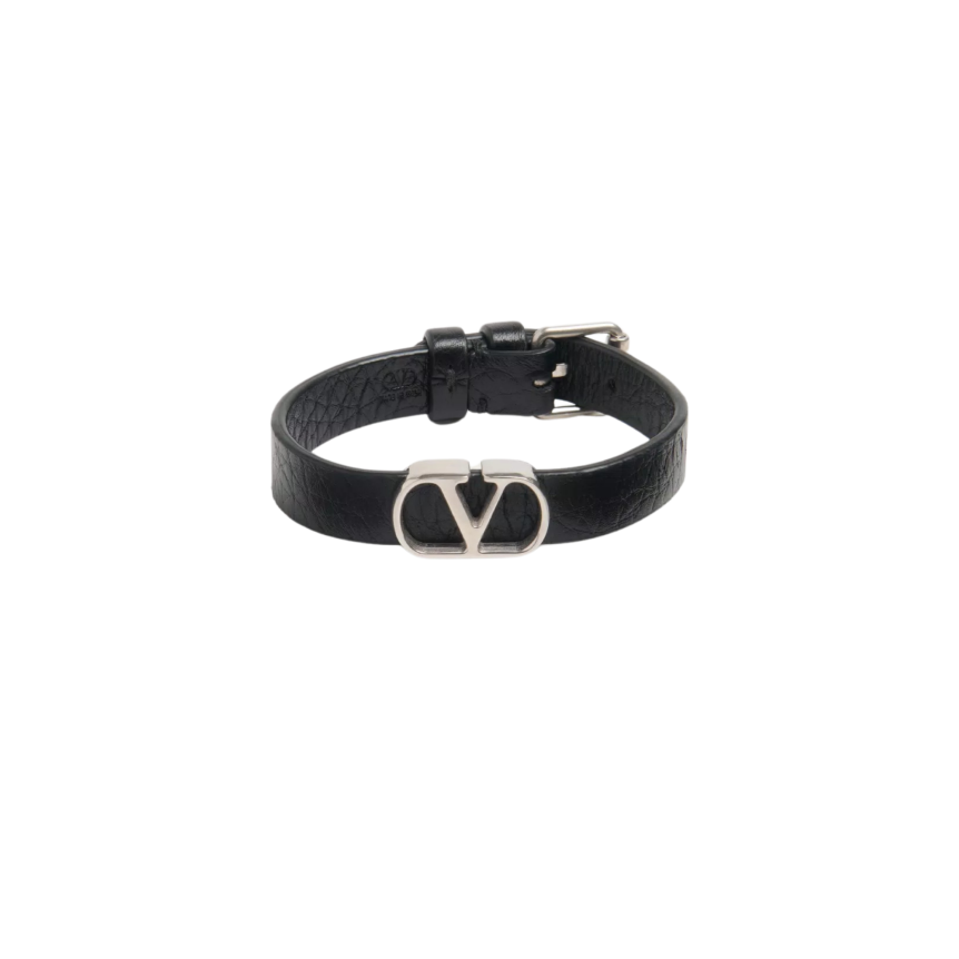 Bracelet VALENTINO en cuir de veau grainé noir V Logo Signature argent