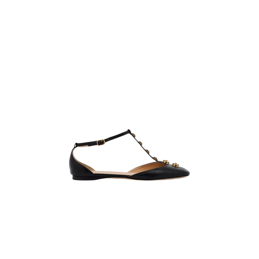 Ballerine plate CHLOE Céleste cuir agneau noir bride bijoux