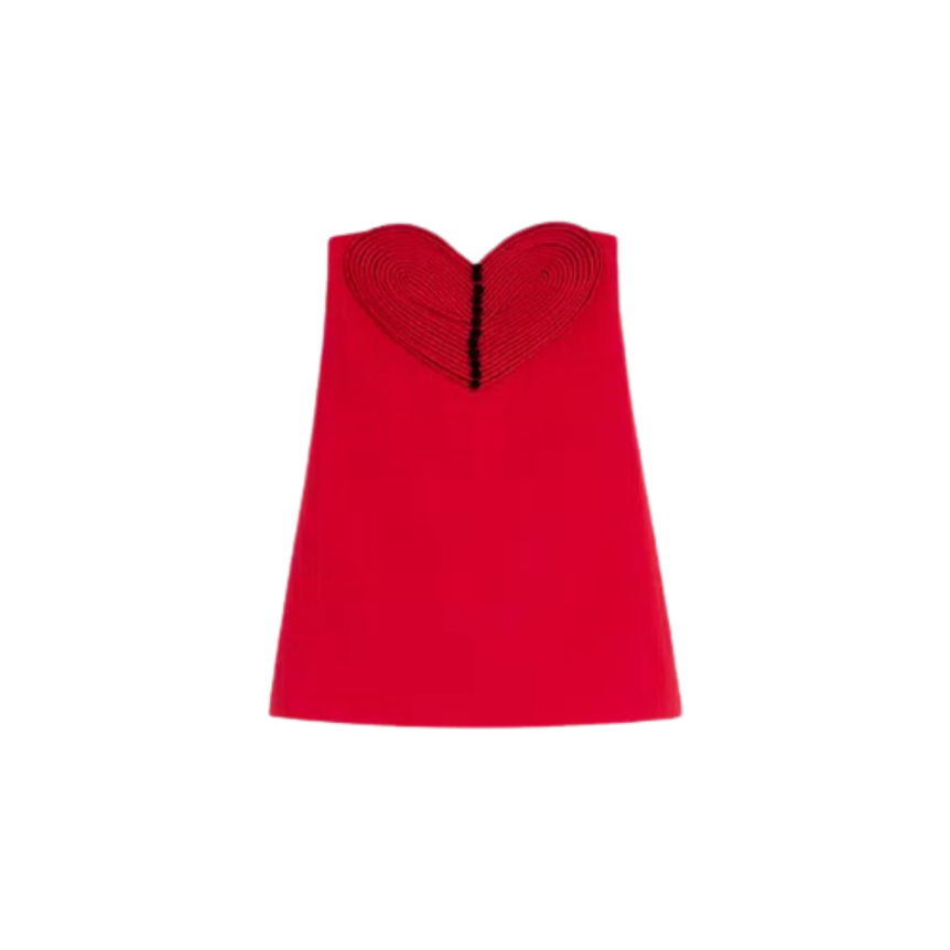 Robe Courte VALENTINO bustier coeur Brodée en Crêpe Couture laine soie rouge