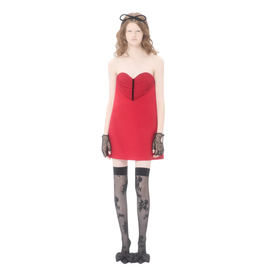 Robe Courte VALENTINO bustier coeur Brodée en Crêpe Couture laine soie rouge